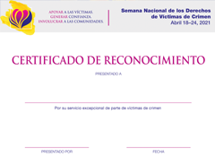 2021 Semana Nacional de los Derechos de Víctimas de Crimen Certificado de Reconocimiento