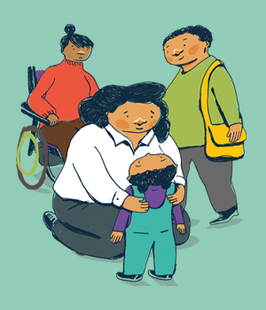 young child being comforted by three adults