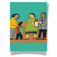 A child wearing a backpack with three adults