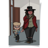 A young boy holding a stuffed animal walking in down a hallway with an adult