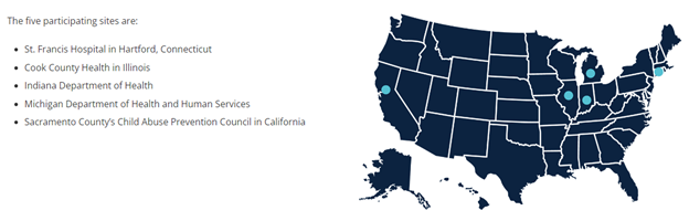 Map showing five sites participating in the Reducing Child Fatalities and Recurring Child Injuries program