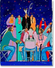 Indigenous people gathered in a circle at night