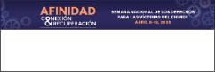 2025 Semana Nacional de los Derechos de las Víctimas del Crimen. Conexión < Afinidad > Recuperación. Fondo con engranajes de varios tamaños dispersos al azar.