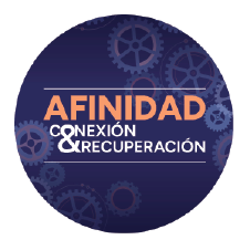 2025 Semana Nacional de los Derechos de las Víctimas del Crimen. Conexión < Afinidad > Recuperación. Fondo con engranajes de varios tamaños dispersos al azar.