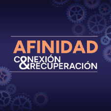 2025 Semana Nacional de los Derechos de las Víctimas del Crimen. Conexión < Afinidad > Recuperación. Fondo con engranajes de varios tamaños dispersos al azar.