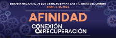 2025 Semana Nacional de los Derechos de las Víctimas del Crimen. Conexión < Afinidad > Recuperación. Fondo con engranajes de varios tamaños dispersos al azar.