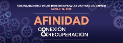 2025 Semana Nacional de los Derechos de las Víctimas del Crimen. Conexión < Afinidad > Recuperación. Fondo con engranajes de varios tamaños dispersos al azar.