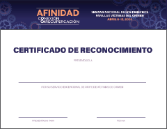 2025 Semana Nacional de los Derechos de las Víctimas del Crimen. Conexión < Afinidad > Recuperación. Fondo con engranajes de varios tamaños dispersos al azar.