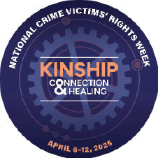 2025 National Crime Victims’ Rights Week Challenge Coin featuring this year's theme—Connecting < KINSHIP > Healing—and a background of various sized cogs. 