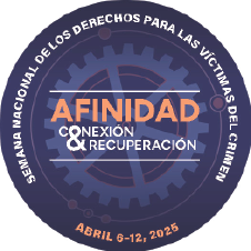 2025 Semana Nacional de los Derechos de las Víctimas del Crimen. Conexión < Afinidad > Recuperación. Fondo con engranajes de varios tamaños dispersos al azar.