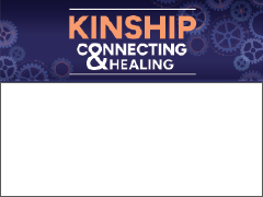 2025 National Crime Victims’ Rights Week Name Tag 2 featuring this year's theme—Connecting < KINSHIP > Healing—and a background of various sized cogs. 
