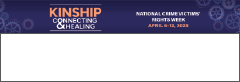 2025 National Crime Victims’ Rights Week Table Card featuring this year's theme—Connecting < KINSHIP > Healing—and a background of various sized cogs. 