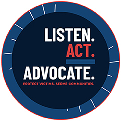 2026 National Crime Victims’ Rights Week web button featuring this year’s theme artwork in contrasting colors—inkwell blue, poppy, and harbor blue. Text reads: “LISTEN. ACT. ADVOCATE. Protect victims, serve communities.”