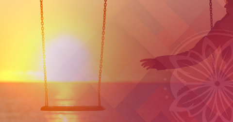 Empty swing in the sunset. A person sits next to it, reaching out for someone who isn't there.